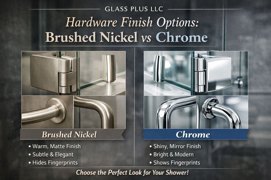 Glas Plus hardware finish comparison: Brushed Nickel and Chrome on shower door hinges, knobs and handles