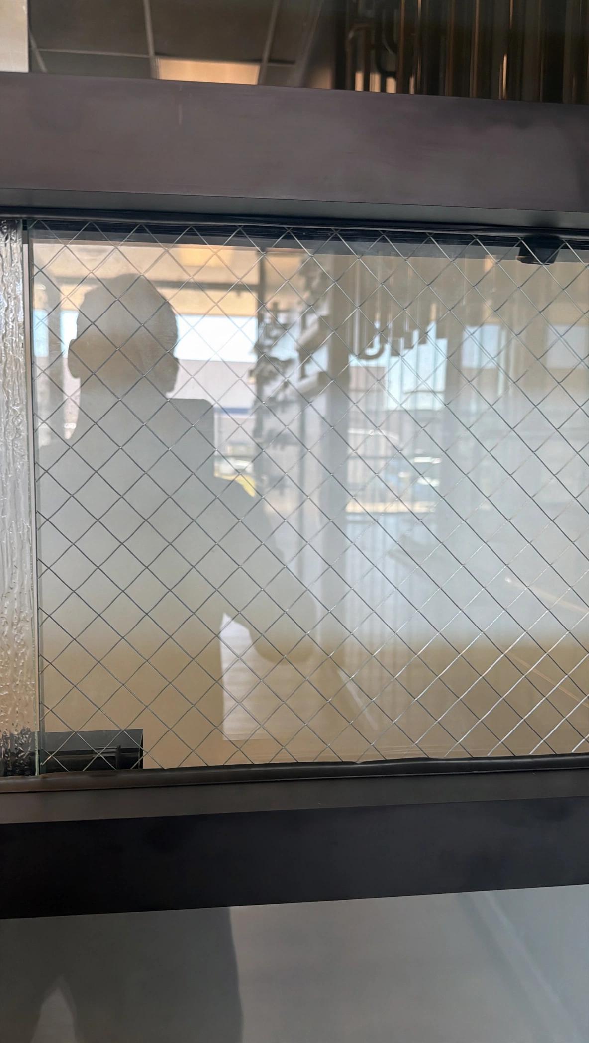 Glas Plus decorative cabinet glass example: glass with a diamond metal mesh