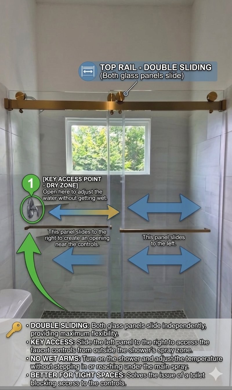 Glas Plus infographic, design critique: not-recommended setup of a sliding door, with the faucets far from the side that opens; the correct fix is to put the controls on the side of the door that opens