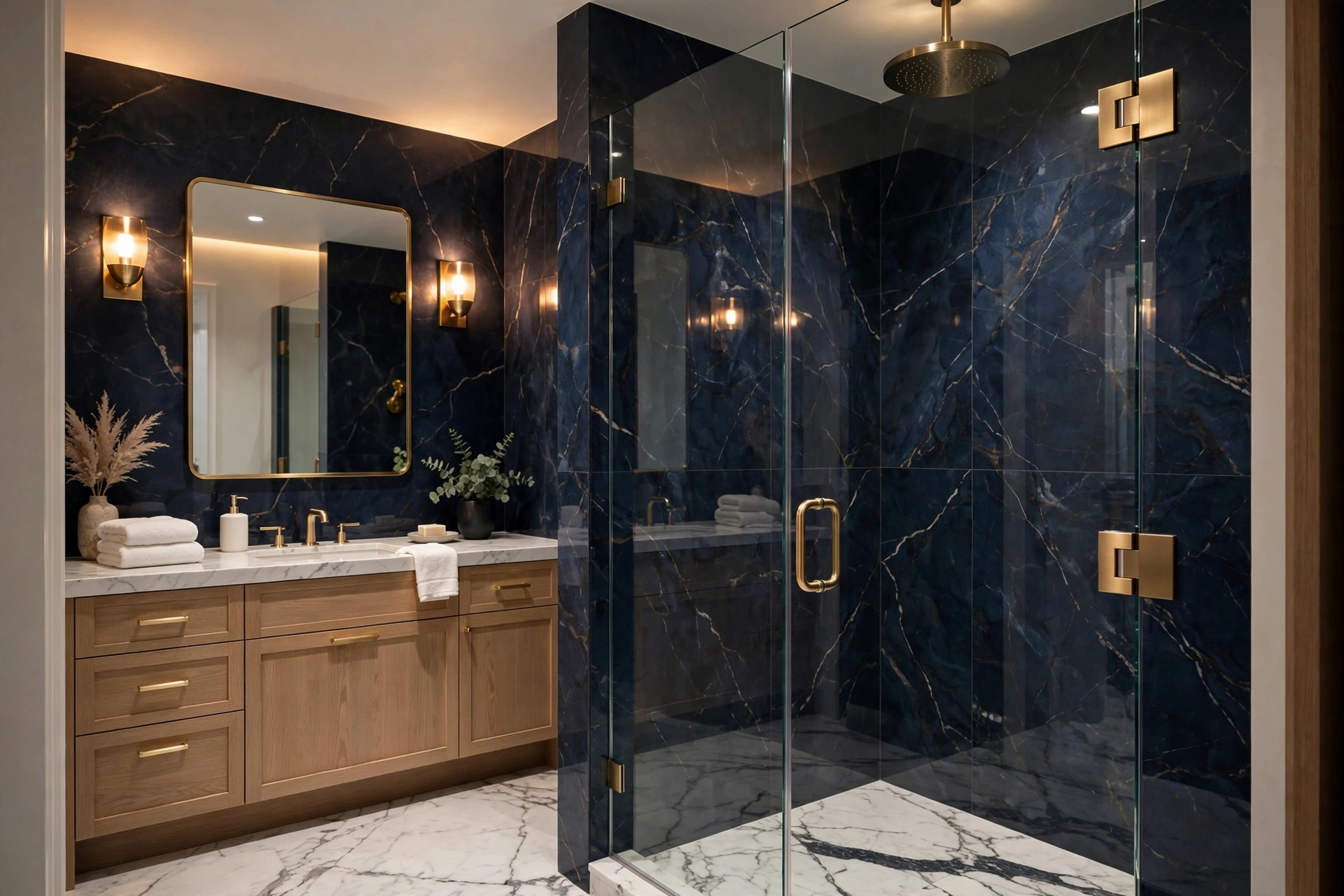 Modern bathroom with a frameless tempered glass shower door and gold hardware, installed by Glas Plus