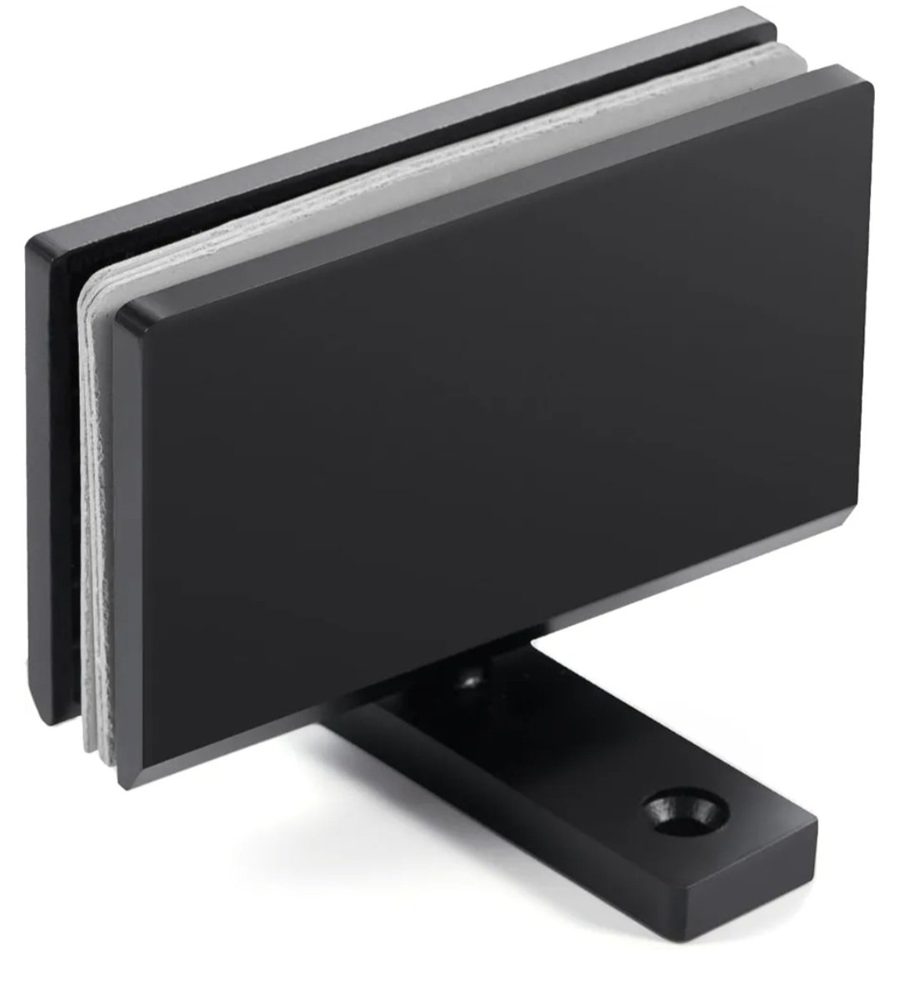 Product photo of a Glas Plus black clamp or hinge on a white background
