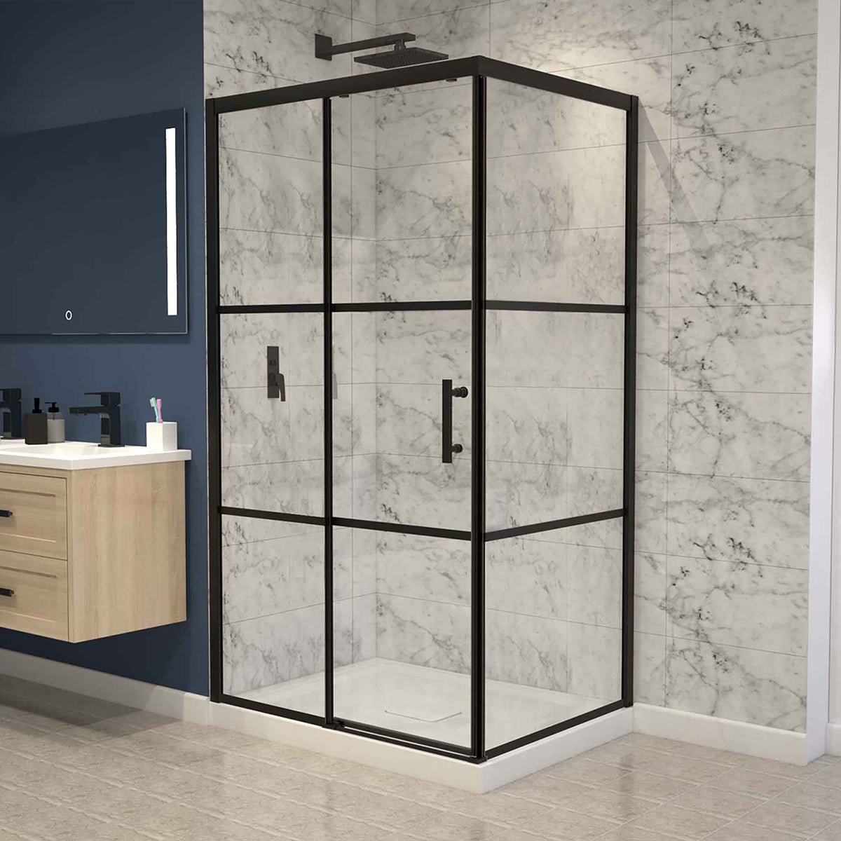 Glas Plus job: industrial style in a 90° corner, full black frame and black grid over all the glass, in a marble shower