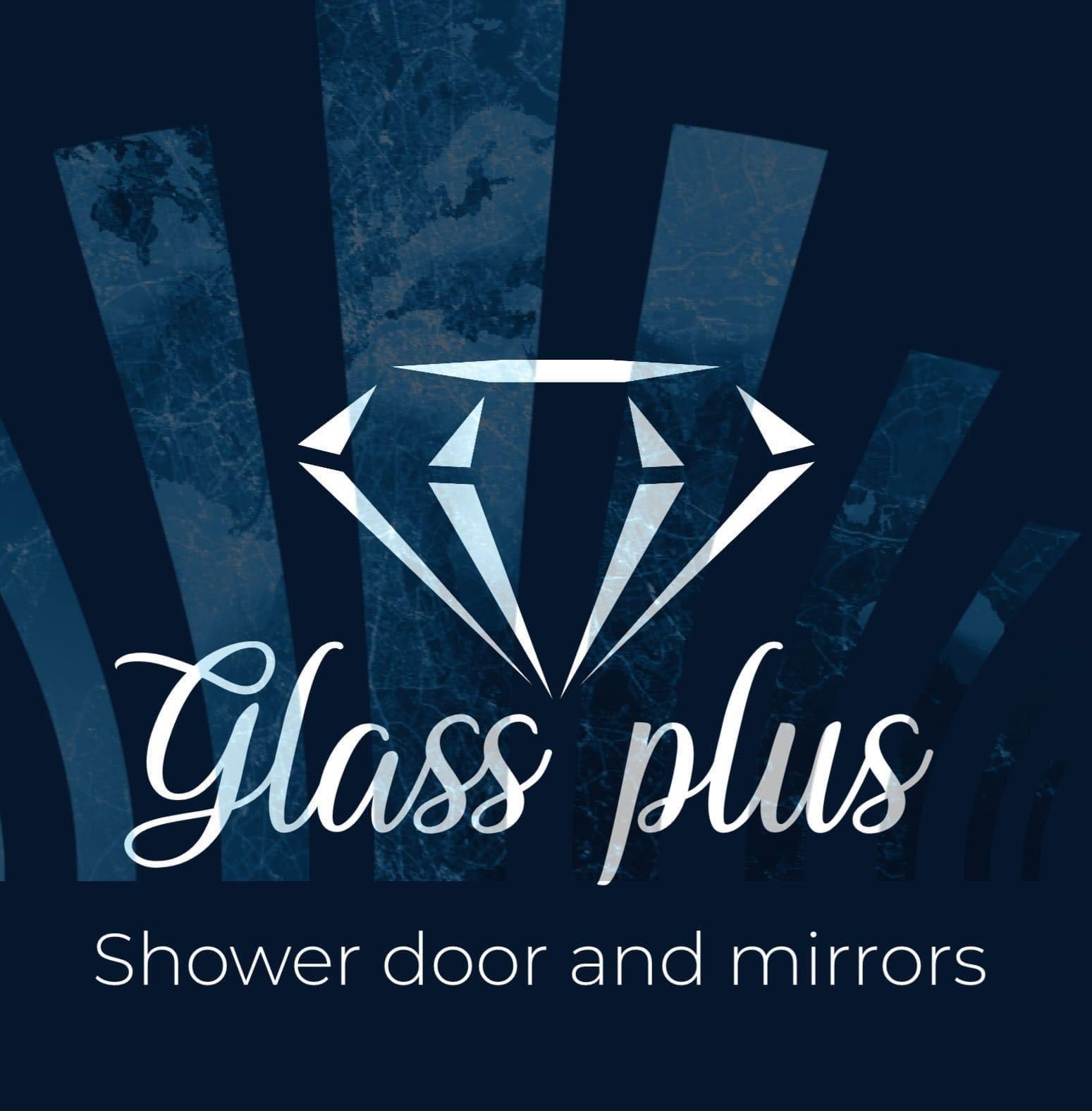 Glass Plus logo: diamond on a dark blue background, with the text «Glass plus — Shower door and mirrors»