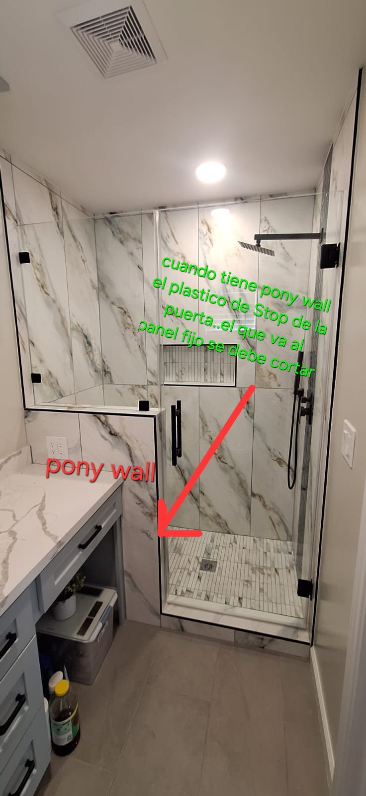 With a pony wall: the door stop seal that meets the fixed panel must be cut