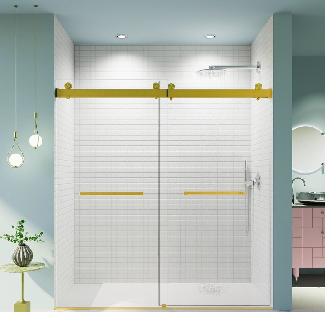 Double-door soft-close sliding system reference: two clear glass sliding doors with gold track and hardware
