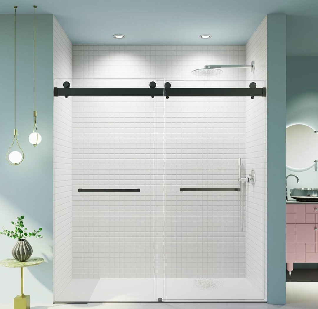 Double-door soft-close sliding system reference: two clear glass sliding doors with black track and hardware