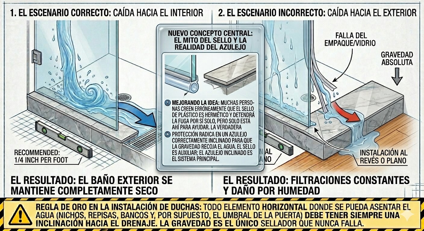 Glas Plus infographic on the correct tile slope: on the left, the correct scenario with the slope toward the inside and the bathroom outside completely dry; on the right, the incorrect scenario with the slope toward the outside, constant leaks and moisture damage; in the center, the seal myth and the tile reality, and at the bottom the golden rule of sloping toward the drain, 1/4 inch per foot