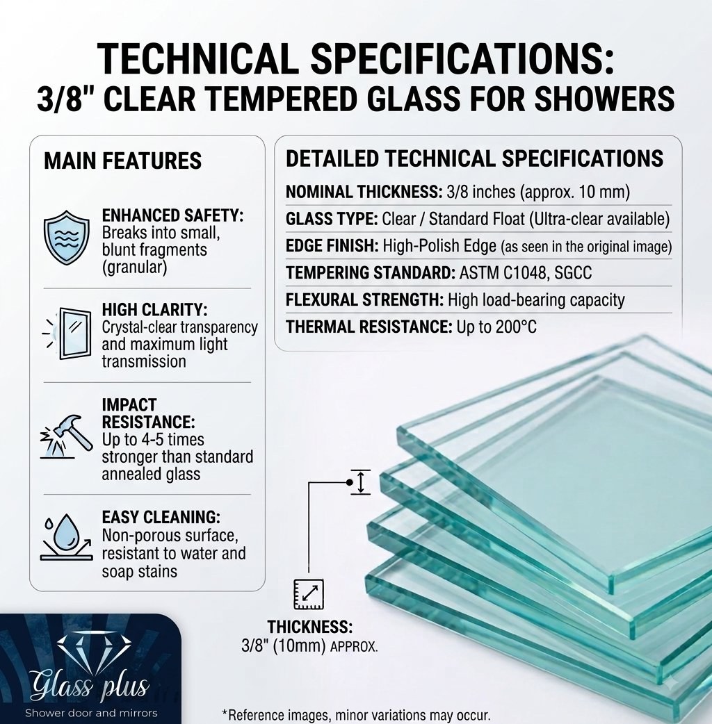 Technical specifications for 3/8 inch clear tempered glass for showers by Glas Plus: enhanced safety, high clarity, impact resistance and easy cleaning; nominal thickness 3/8 inch (approx. 10 mm), high-polish edge and tempering standard ASTM C1048, SGCC
